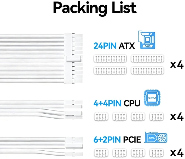 Alt view image 10 of 14 - 18AWG PSU Extension Cable Kit, PVC Fabric Texture, 1x24Pin ATX / 1x8Pin(4+4) CPU / 2x8Pin(6+2) GPU Power Extension Cable, 30cm with Combs, White