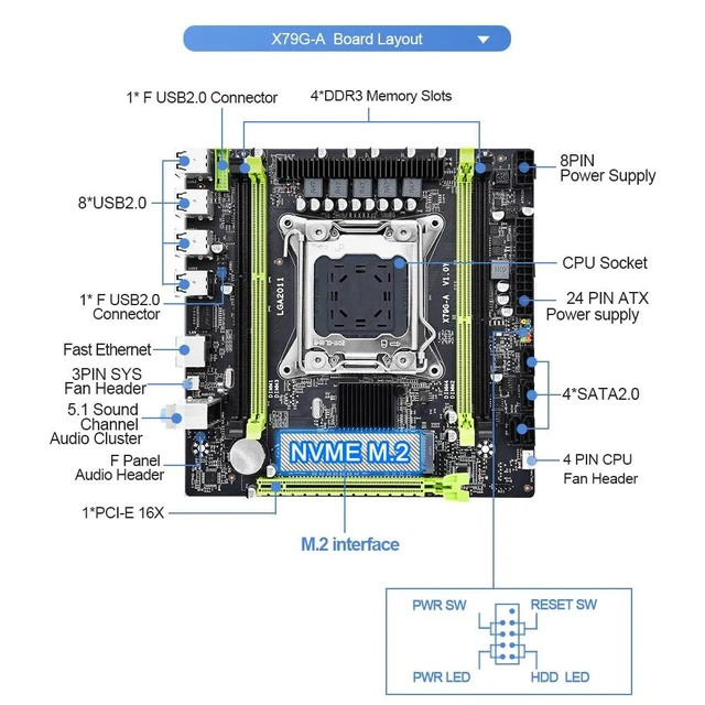 Alt view image 10 of 10 - X79 G A Motherboard M-ATX LGA 2011 Support Dual Channels DDR3 NVME M.2 Placa Mae for XEON E5 V1 V2 CPU