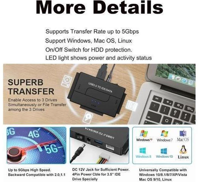 Alt view image 10 of 14 - USB 3.0 to SATA IDE Adapter - 2.5in / 3.5in - External Hard Drive to USB Converter Hard Drive Transfer Cable (USB3SSATAIDE)
