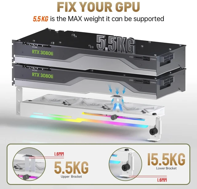 Alt view image 10 of 10 - AsiaHorse Graphics Card Cooler with ARGB 5V 3Pin LED and Three 80mm Fans, RGB LED Graphics Card Holder, GPU Cooler Easy Installation-White