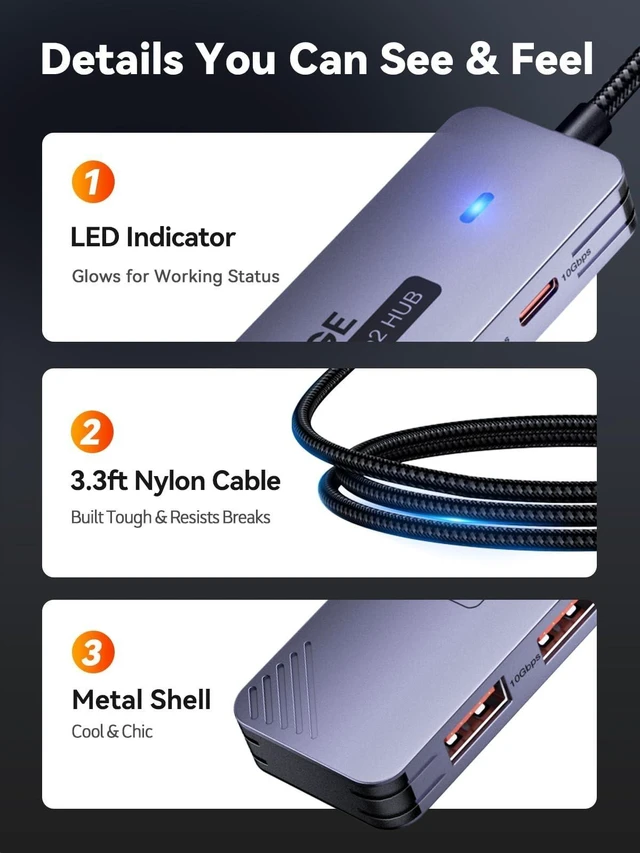 Alt view image 10 of 10 - USB C Hub 10Gbps, USB 3.2 Gen 2 HUB with 2*USB-C & A, Type C Multiport Adapter for MacBook Pro/Air, Acer Aspire, HP Laptops, iPad Pro, iPhone 15/15 Pro Max and More, 100cm(3.3Ft) Long Cable