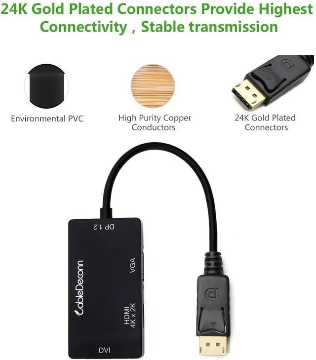 Alt view image 10 of 14 - CableDeconn DisplayPort 1.2 to HDMI 4K DVI VGA 3 in 1 Multi-Function Cable Adapter Converter