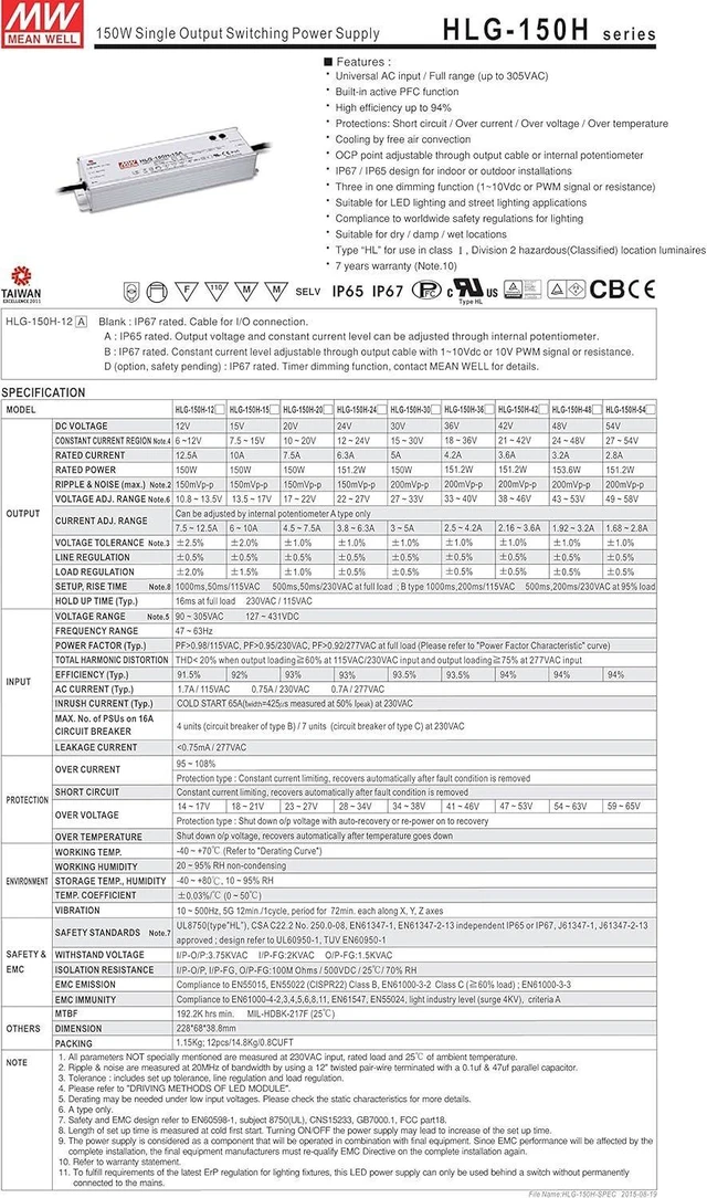 Alt view image 9 of 14 - MW Mean Well HLG-150H-24A 24V 6.3A 150W Single Output LED Switching Power Supply