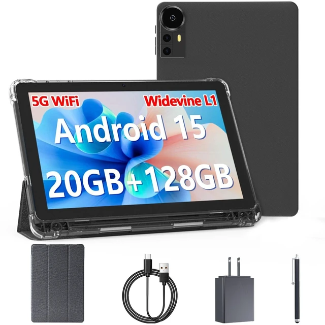 Alt view image 6 of 10 - Android 15 Tablet 10 inch Tablets, 20GB RAM 128GB ROM 2TB Expand, 2.0Ghz CPU Quad-Core Processor Tablet PC with Case and Stylus, 5G WiFi6, BT5.0, 6000mAh Battery, Dual Camera, Widevine L1, GMS, Black