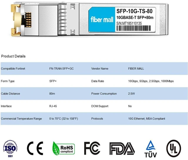 Alt view image 7 of 10 - 10G SFP+ RJ45 80m for Fortinet FN-TRAN-SFP+GC FS-TRAN-SFP+GC Mini-GBIC 10GBase-T SFP+ Transceiver 80m 10G-T Copper SFP+ to RJ-45