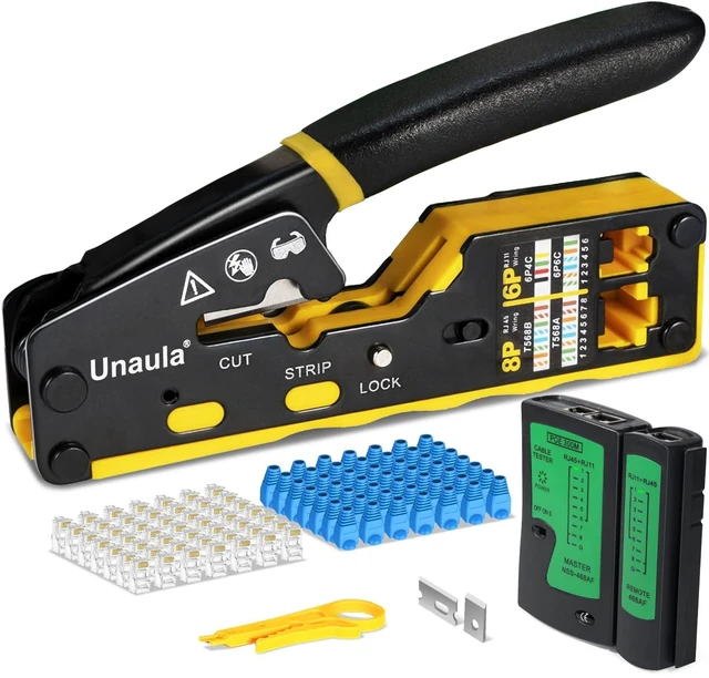 Alt view image 8 of 14 - RJ45 Crimp Tool Kit, Ethernet Pass Through Crimper, Network Tool Kit, Cat5 Cat5e Cat6 Crimping Tool Repair Kit Includes Cable Tester, Mini Stripper, Blades, 50Pcs Connectors and Strain Relief Boots
