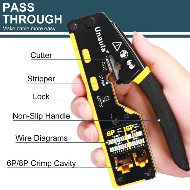 Alt view image 9 of 14 - RJ45 Crimp Tool Kit, Ethernet Pass Through Crimper, Network Tool Kit, Cat5 Cat5e Cat6 Crimping Tool Repair Kit Includes Cable Tester, Mini Stripper, Blades, 50Pcs Connectors and Strain Relief Boots