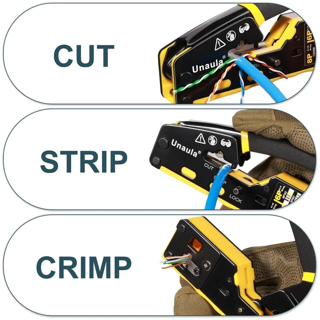 Alt view image 10 of 14 - RJ45 Crimp Tool Kit, Ethernet Pass Through Crimper, Network Tool Kit, Cat5 Cat5e Cat6 Crimping Tool Repair Kit Includes Cable Tester, Mini Stripper, Blades, 50Pcs Connectors and Strain Relief Boots