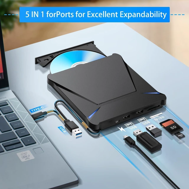 Alt view image 7 of 10 - Haiway 5 in 1 External Blu-ray Burner Drive, USB 3.0 & Type-C DVD/CD/Blu ray Burner Writer with SD/TF Card Reader, Supports 100GB Discs R/W for Windows, Linux, macOS (PC/Laptop/Desktop)