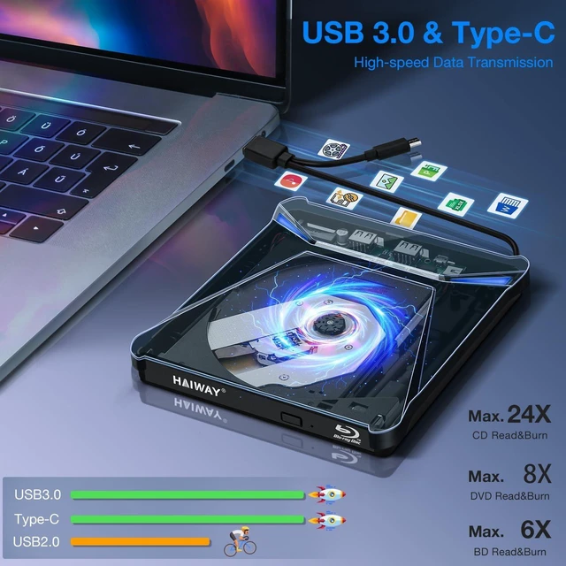 Alt view image 8 of 10 - Haiway 5 in 1 External Blu-ray Burner Drive, USB 3.0 & Type-C DVD/CD/Blu ray Burner Writer with SD/TF Card Reader, Supports 100GB Discs R/W for Windows, Linux, macOS (PC/Laptop/Desktop)