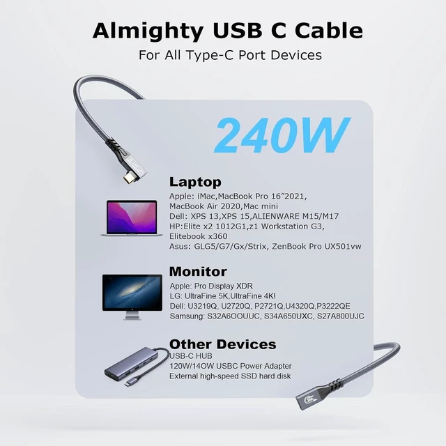Alt view image 14 of 14 - CABLEDECONN USB C 3.2 Gen-2 Extension Cord 2M 6.6FT 90 Degree Elbow Thunderbolt 3 240W Fast Charging Cable Male to Female Data Transfer 20Gbps 48V/5A 4K Video Cable Compatible with MacBook