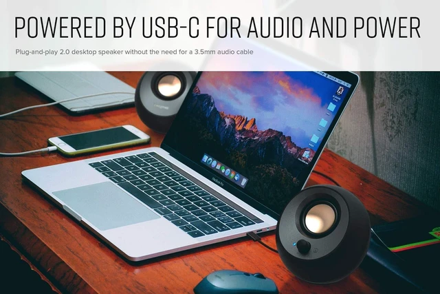 Alt view image 9 of 10 - Creative Pebble V3 Minimalistic 2.0 USB-C Desktop Speakers with USB Audio, Clear Dialog Enhancement, Bluetooth 5.0, 8W RMS with 16W Peak Power, USB-A Converter Included (White)