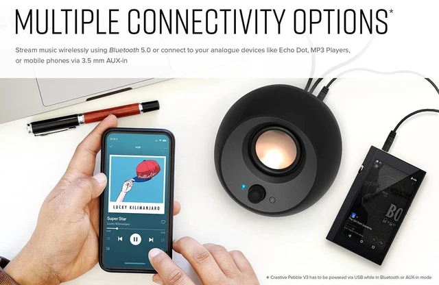 Alt view image 10 of 10 - Creative Pebble V3 Minimalistic 2.0 USB-C Desktop Speakers with USB Audio, Clear Dialog Enhancement, Bluetooth 5.0, 8W RMS with 16W Peak Power, USB-A Converter Included (White)