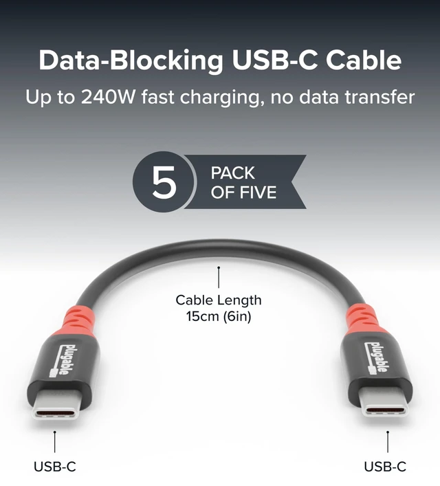 Alt view image 7 of 10 - Plugable USB C to USB C Cable, Data Blocker Charge Only Cable 6in (Pack of 5): 240W Safe Charging for MacBook Pro, iPhone 15/16, iPad, XPS and More USBC Devices (USBC-CCS5X)