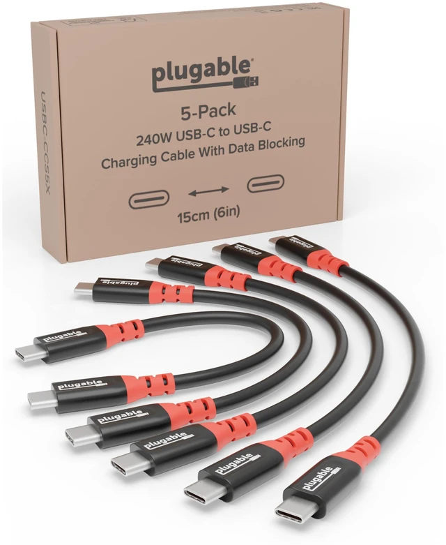 Alt view image 6 of 10 - Plugable USB C to USB C Cable, Data Blocker Charge Only Cable 6in (Pack of 5): 240W Safe Charging for MacBook Pro, iPhone 15/16, iPad, XPS and More USBC Devices (USBC-CCS5X)