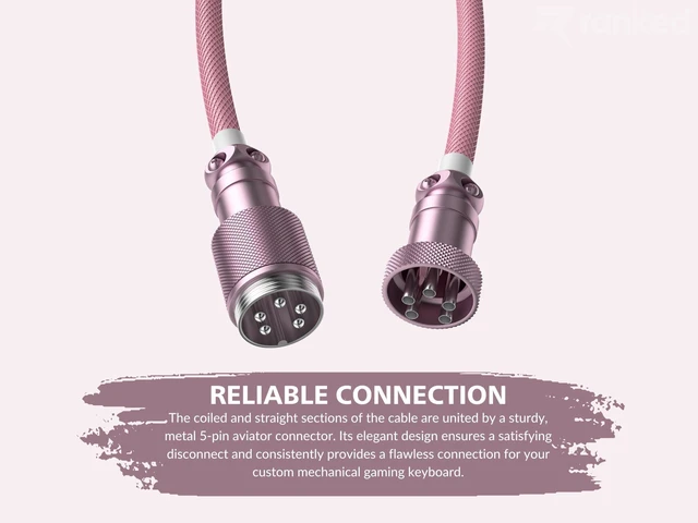 Alt view image 9 of 10 - Ranked Coiled Keyboard Cable | Handcrafted Double-Sleeved Braided Cable | USB Type C to A | 5-Pin Aviator Connector for Custom Mechanical Gaming Keyboard | Support Fast Charge 20W (Pink)