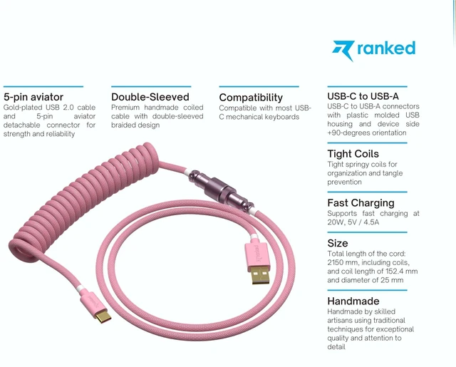 Alt view image 7 of 10 - Ranked Coiled Keyboard Cable | Handcrafted Double-Sleeved Braided Cable | USB Type C to A | 5-Pin Aviator Connector for Custom Mechanical Gaming Keyboard | Support Fast Charge 20W (Pink)