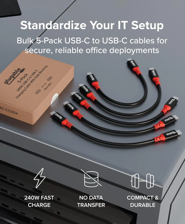 Alt view image 8 of 10 - Plugable USB C to USB C Cable, Data Blocker Charge Only Cable 6in (Pack of 5): 240W Safe Charging for MacBook Pro, iPhone 15/16, iPad, XPS and More USBC Devices (USBC-CCS5X)