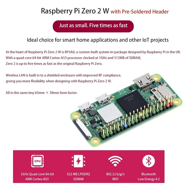 Alt view image 8 of 12 - Pi Zero 2 WH-Pi Zero 2 W with Color Pre Soldered Header, 1GHz Quad-Core Arm Cortex-A53 CPU, WiFi & Bluetooth 4.2 BLE, Five Times Faster