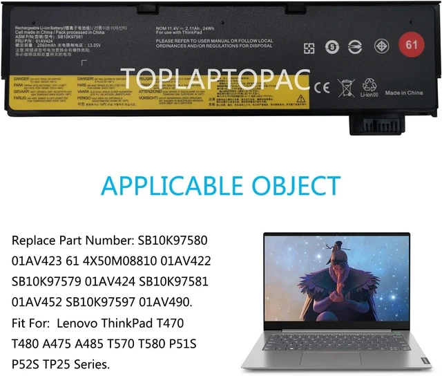 Alt view image 13 of 14 - 01AV423 01AV424 01AV422 SB10K97579 SB10K97581 11.4V 24Wh 2080mAh Laptop Battery Compatible with Lenovo ThinkPad T470 T570 A475 A485 T480 T580 P51S P52S TP25 61 Series Notebook