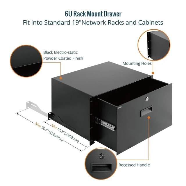 Alt view image 9 of 10 - Tecmojo 6U Rack Drawer,Rack Mount Drawer for 19in Network Equipment/Server/AV Rack or Cabinet Enclosure,Sliding and Lockable Server Rack Drawer - Load-Bearing 44lb (20kg),with Cable Management Holes