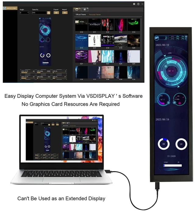 Alt view image 8 of 10 - VSDISPLAY 8.8 Inch LCD Monitor 1920x480 IPS Screen Built-in Theme Editor as Computer PC Sensor Panel Temperature CPU GPU RAM Data Monitoring Secondary Display,Black