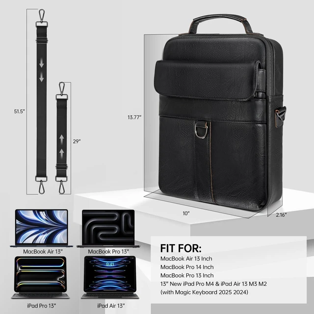 Alt view image 7 of 10 - 13 Inch Laptop Shoulder Bag Leather Carrying Case for Macbook Air 13 inch M4 M3 M2 A3420 A3113 A2681/ MacBook Pro 14" M4 M3 M2, Vertical Laptop Sleeve Messenger Computer Bag, Black