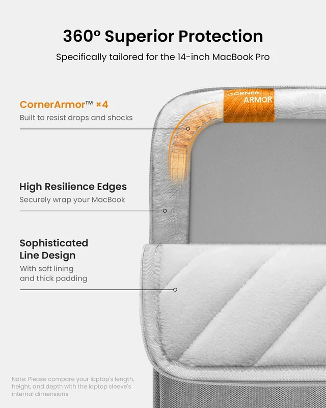 Alt view image 9 of 10 - tomtoc 360 Protective Laptop Sleeve for 14-inch New MacBook Pro M5/M4/M3/M2/M1 Pro/Max A3112 A3401 A3185 A2992 A2918 2025-2021, Water-Resistant Case Bag with Accessory Pocket for 13.8 Surface Laptop 7