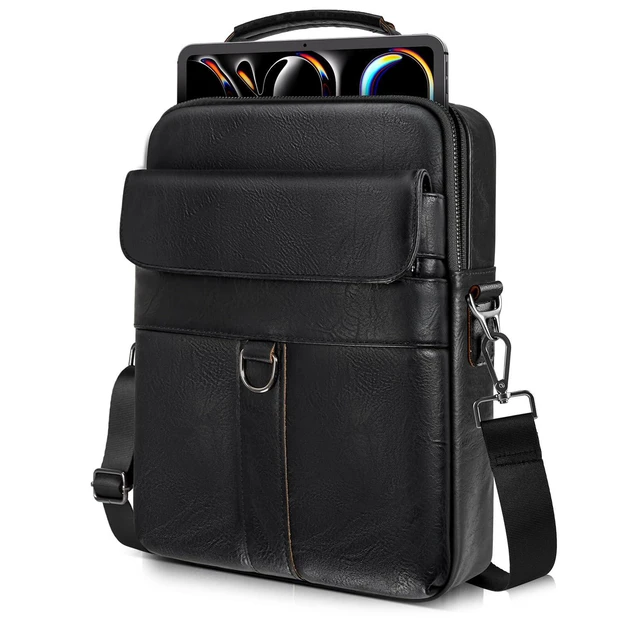 Alt view image 6 of 10 - 13 Inch Laptop Shoulder Bag Leather Carrying Case for Macbook Air 13 inch M4 M3 M2 A3420 A3113 A2681/ MacBook Pro 14" M4 M3 M2, Vertical Laptop Sleeve Messenger Computer Bag, Black