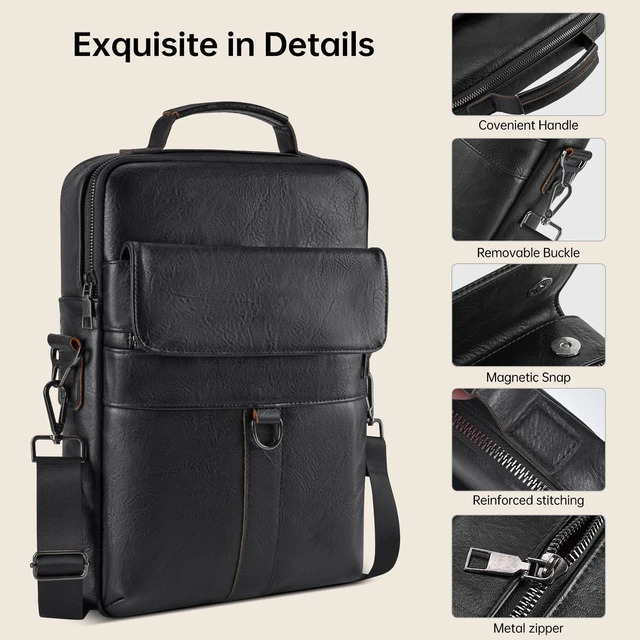 Alt view image 9 of 10 - 13 Inch Laptop Shoulder Bag Leather Carrying Case for Macbook Air 13 inch M4 M3 M2 A3420 A3113 A2681/ MacBook Pro 14" M4 M3 M2, Vertical Laptop Sleeve Messenger Computer Bag, Black