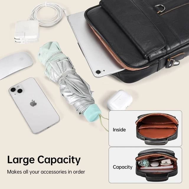Alt view image 10 of 10 - 13 Inch Laptop Shoulder Bag Leather Carrying Case for Macbook Air 13 inch M4 M3 M2 A3420 A3113 A2681/ MacBook Pro 14" M4 M3 M2, Vertical Laptop Sleeve Messenger Computer Bag, Black