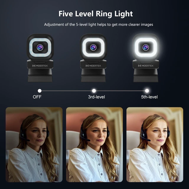Alt view image 8 of 10 - 4K Webcam with 5-Level LED Light, 12MP Camera, USB Webcam with Dual Noise-canceling Microphones, PDAF Fast Auto Focus, Remote Control, 360° Rotation, Perfect for Live streaming, Online Meeting