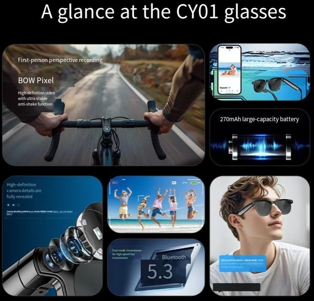 Alt view image 11 of 15 - CY01 AI Smart Glasses with Camera, 8MP Photo & Video, AI Translation & Object Recognition, Bluetooth 5.3 Music & Calling, WiFi Transfer, 2GB+16GB Storage, 9H Audio Playtime Dual Lens Smart Eyewear f
