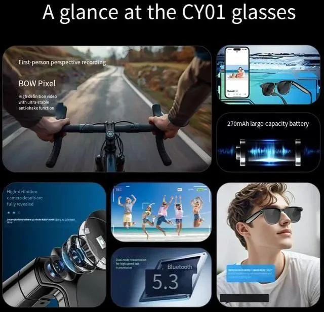 Alt view image 15 of 15 - CY01 AI Smart Glasses with Camera, 8MP Photo & Video, AI Translation & Object Recognition, Bluetooth 5.3 Music & Calling, WiFi Transfer, 2GB+16GB Storage, 9H Audio Playtime Dual Lens Smart Eyewear f