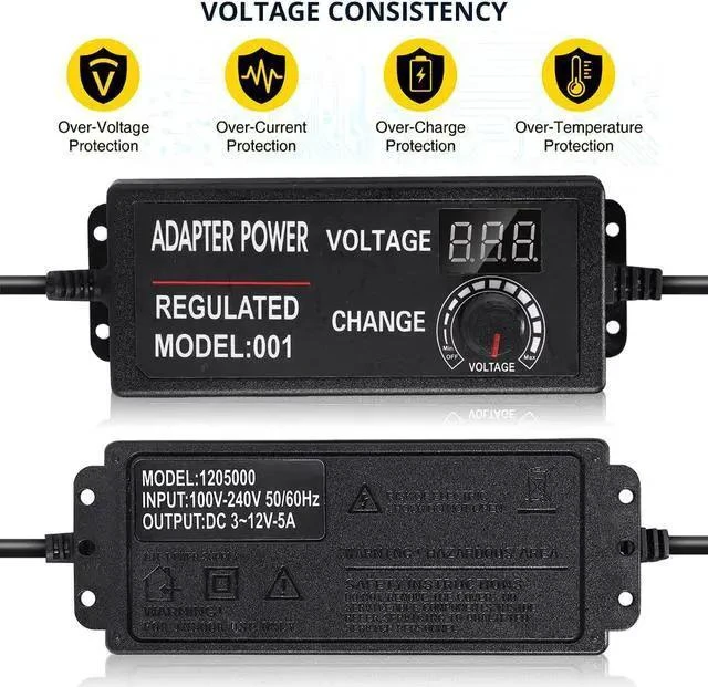 Alt view image 12 of 14 - WISDUM 3V-12V 5A 60W Adjustable Power Supply with LED Display, Variable DC 3V 5V 6V 9V 12V Universal AC/DC Adapter, 100V-240V AC to DC 3-12V Switching Power Converter Multi-Voltage Regulated Adaptor