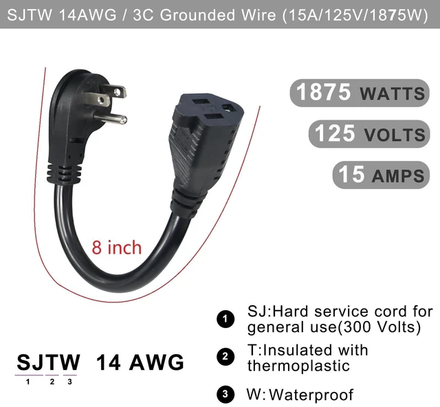 Alt view image 9 of 14 - Short Power Extension Cord - Low Profile Wall Head 6 Inch 14AWG/3C SJTW Heavy Duty Extension Cable for Indoor/Outdoor, 45-Degree Flat Plug 15A/125V 1875W NEMA 5-15P to NEMA 5-15R, Black 2-Pack