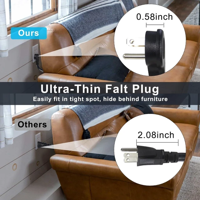 Alt view image 11 of 14 - Short Power Extension Cord - Low Profile Wall Head 6 Inch 14AWG/3C SJTW Heavy Duty Extension Cable for Indoor/Outdoor, 45-Degree Flat Plug 15A/125V 1875W NEMA 5-15P to NEMA 5-15R, Black 2-Pack