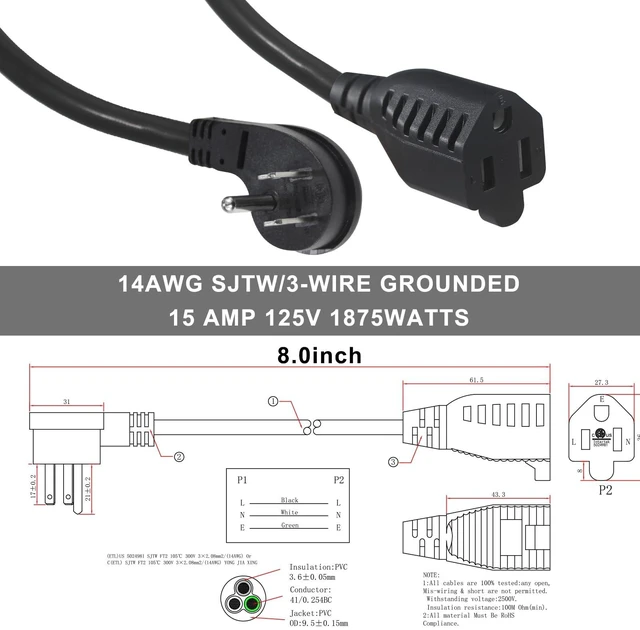 Alt view image 14 of 14 - Short Power Extension Cord - Low Profile Wall Head 6 Inch 14AWG/3C SJTW Heavy Duty Extension Cable for Indoor/Outdoor, 45-Degree Flat Plug 15A/125V 1875W NEMA 5-15P to NEMA 5-15R, Black 2-Pack