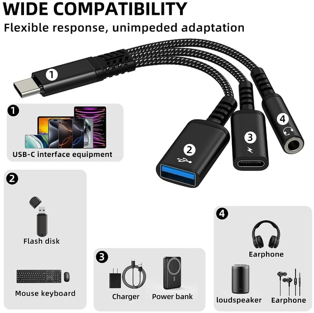 Alt view image 14 of 14 - USB C 3.5mm Audio Adapter (3in1) Type C to Aux Headphone for iPhone 17 16 15 USB 3.0 Jack Splitter Cable Cord Charger Dongle OTG Dual Charging for iPad Car Adaptor DAC Compatible for Samsung