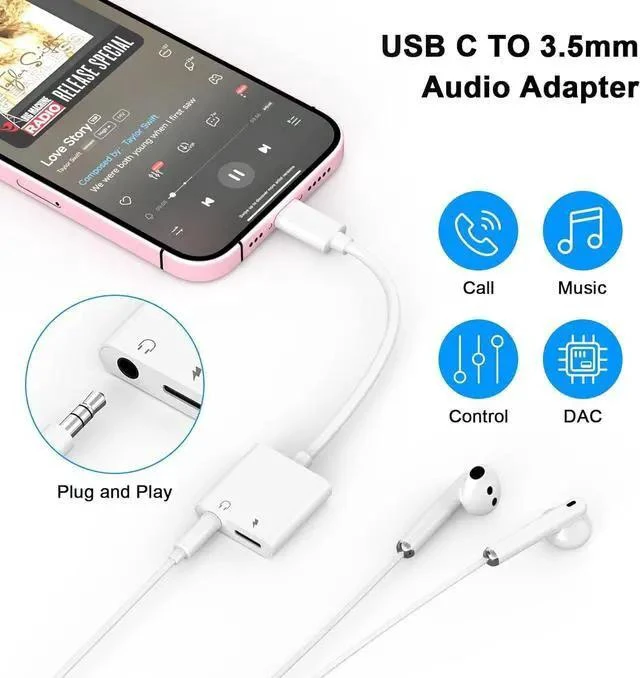 Alt view image 13 of 14 - WISDUM USB C to 3.5mm Headphone and Charger Adapter 2-Pack,2-in-1 USB Type C to Aux Audio Jack and PD Fast Charging Dongle Cable Cord for 15 Pro Max Plus,Galaxy S20 S21 S22 S23 Ultra, Pro,Pixel