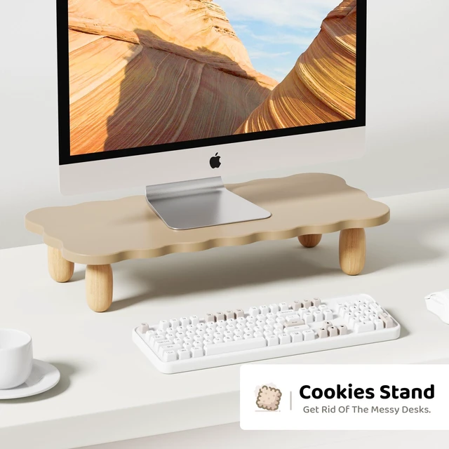 Alt view image 7 of 10 - AFOOYO Monitor Stand Riser,Cookie-Shaped Sturdy Wood Computer Monitor Stand, Monitor Stand Riser, Multi-Purpose Desktop Organizer Riser for Computer,Laptop,Printer,TV,khaki