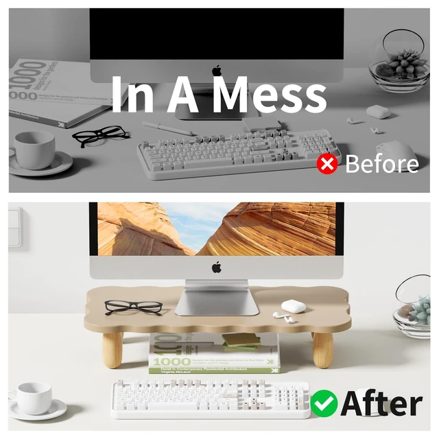 Alt view image 9 of 10 - AFOOYO Monitor Stand Riser,Cookie-Shaped Sturdy Wood Computer Monitor Stand, Monitor Stand Riser, Multi-Purpose Desktop Organizer Riser for Computer,Laptop,Printer,TV,khaki