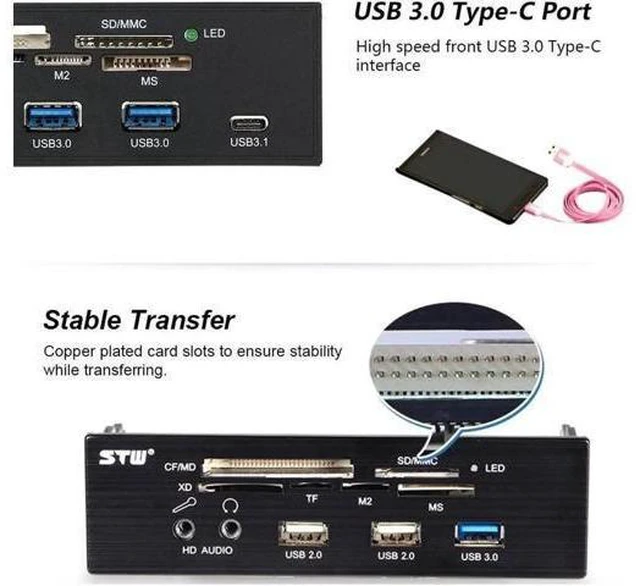 Alt view image 10 of 12 - 5.25 Inch Internal Multi-Function Front Panel Media Card Reader, Built-in USB 3.0, USB-C, eSATA Port, Supports CF/SD/MS/XD/M2/MS Pro Duo Memory Cards for Desktop PC Optical Drive Bay
