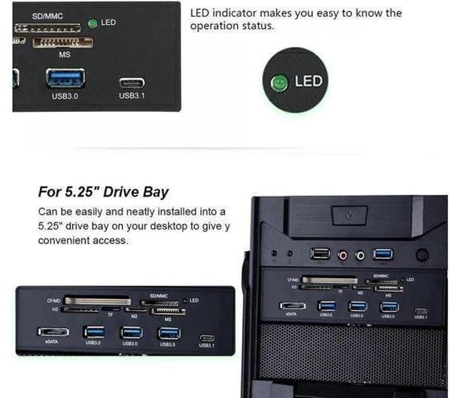Alt view image 8 of 12 - 5.25 Inch Internal Multi-Function Front Panel Media Card Reader, Built-in USB 3.0, USB-C, eSATA Port, Supports CF/SD/MS/XD/M2/MS Pro Duo Memory Cards for Desktop PC Optical Drive Bay