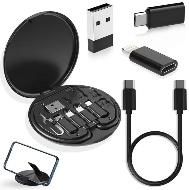 Alt view image 7 of 12 - YANZIE USB Adapter Kit, Travel Charging Organizer Case with USB C, Micro USB and Lightning-Compatible Adapters, SIM Card Holder, Eject Pin and Phone Stand for Travel, Office and Car, Black
