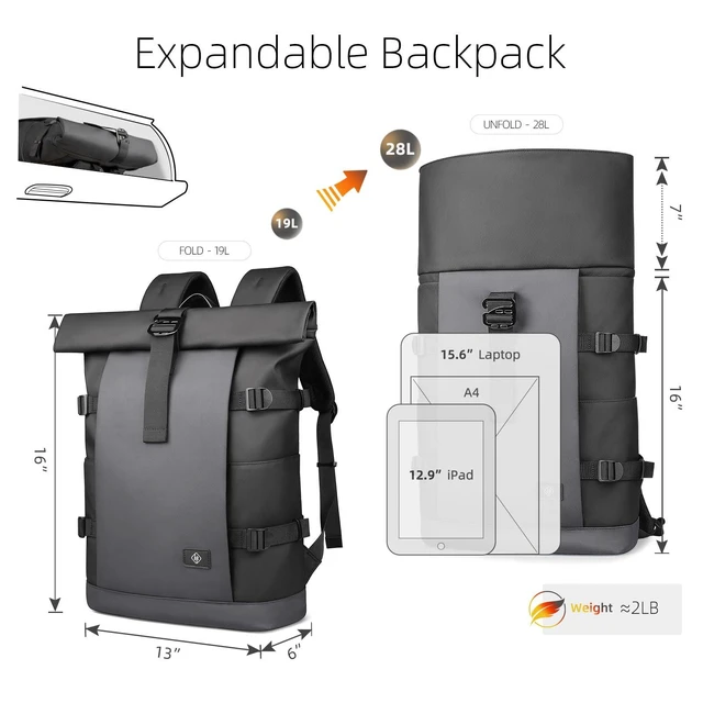Alt view image 7 of 10 - Rolltop Backpack, Expandable Travel Laptop Backpack for Men Women,15.6 Inch Casual Daypack with Computer Compartment,19-28L Water-Resistant Business Backpack Bag for Commute Work College-Grey