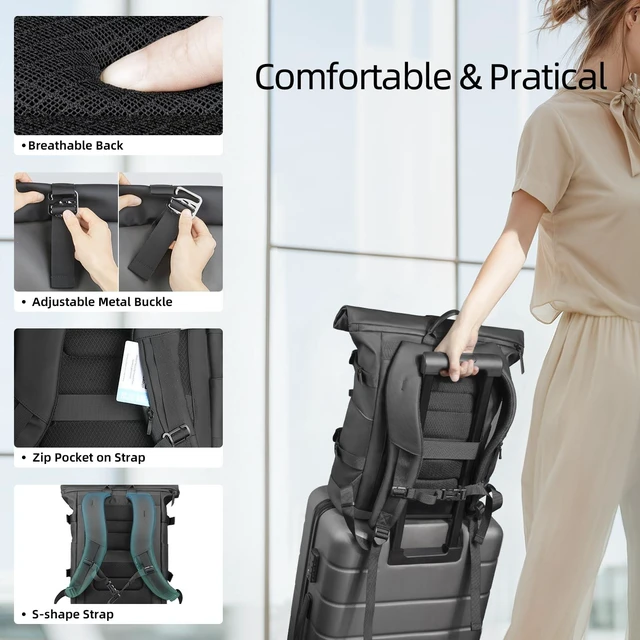 Alt view image 9 of 10 - Rolltop Backpack, Expandable Travel Laptop Backpack for Men Women,15.6 Inch Casual Daypack with Computer Compartment,19-28L Water-Resistant Business Backpack Bag for Commute Work College-Grey