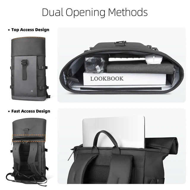 Alt view image 10 of 10 - Rolltop Backpack, Expandable Travel Laptop Backpack for Men Women,15.6 Inch Casual Daypack with Computer Compartment,19-28L Water-Resistant Business Backpack Bag for Commute Work College-Grey