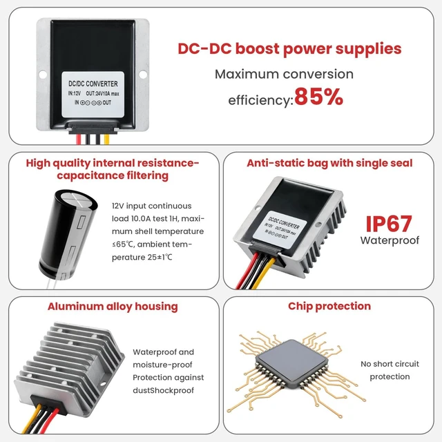 Alt view image 10 of 10 - YBBOTT DC 12V to 24V Step Up Converter 10A 240W Boost Converter DC Transformer with Fuse Power Supply for Golf Cart Vehicle