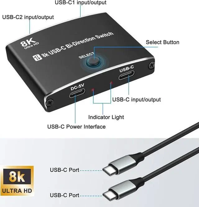 Alt view image 11 of 14 - WISDUM USB C Type-C Switcher 1 in 2 out/2 in 1 out 8K@60Hz 4K@120Hz Type-C Bi-Directional Switch Selector Support 48Gbps Data Transmission with Type-C Cables for PC Monitor HDTV-1 PCS